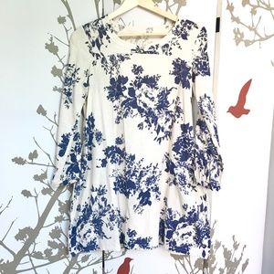 French Blue Floral Long Sleeve Linen Dress with Pockets